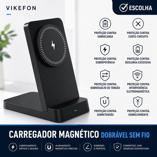 Carregador magnético dobrável sem fio com proteções de segurança