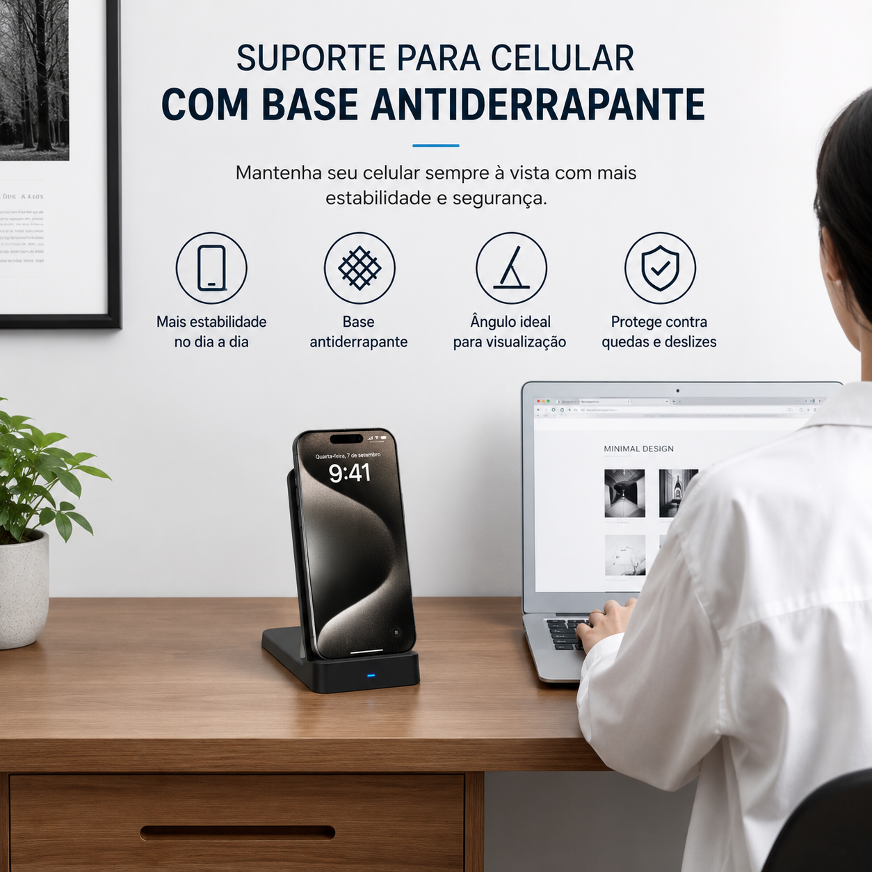 Carregador magnético com suporte para celular e base antiderrapante