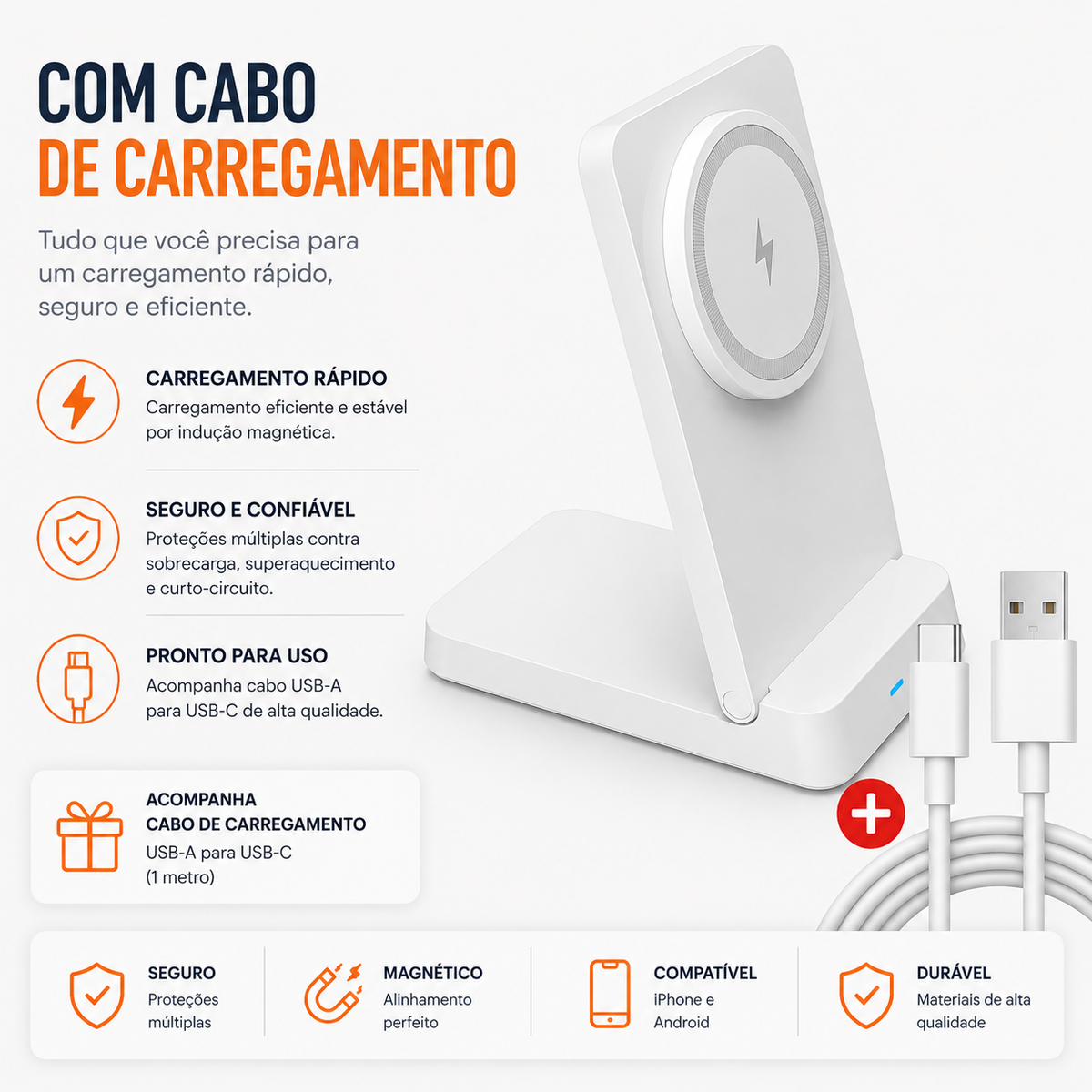 Carregador magnético branco com cabo de carregamento