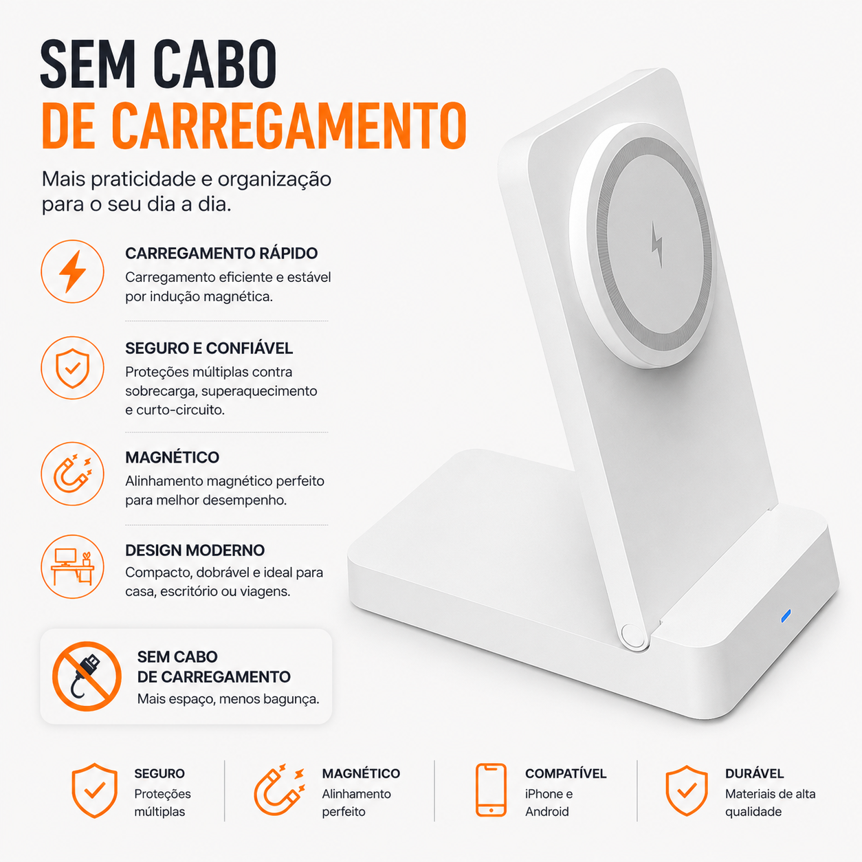 Carregador magnético branco sem cabo de carregamento