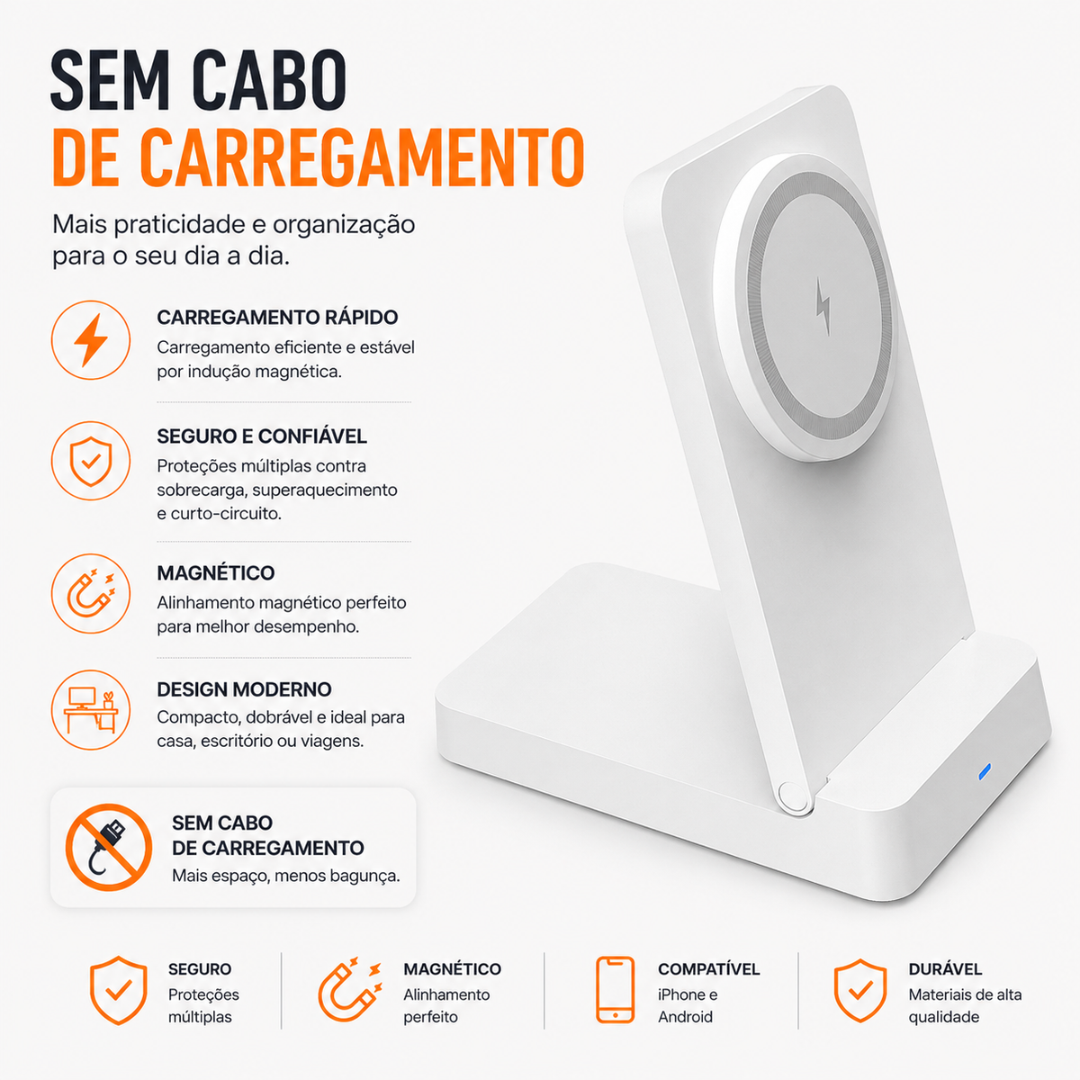 Carregador magnético branco sem cabo de carregamento
