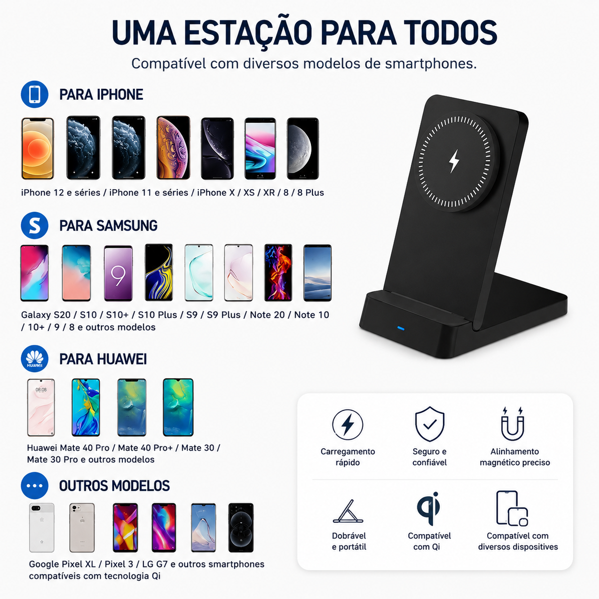 Carregador magnético compatível com iPhone Samsung Huawei e outros modelos