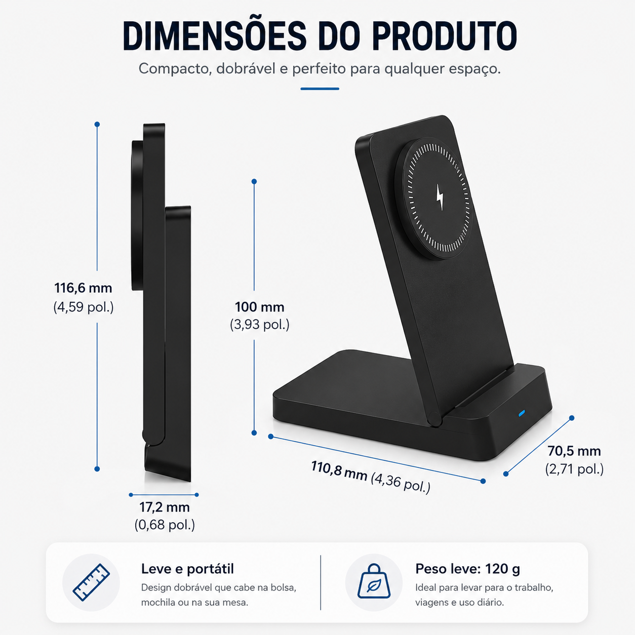 Dimensões do carregador magnético dobrável sem fio