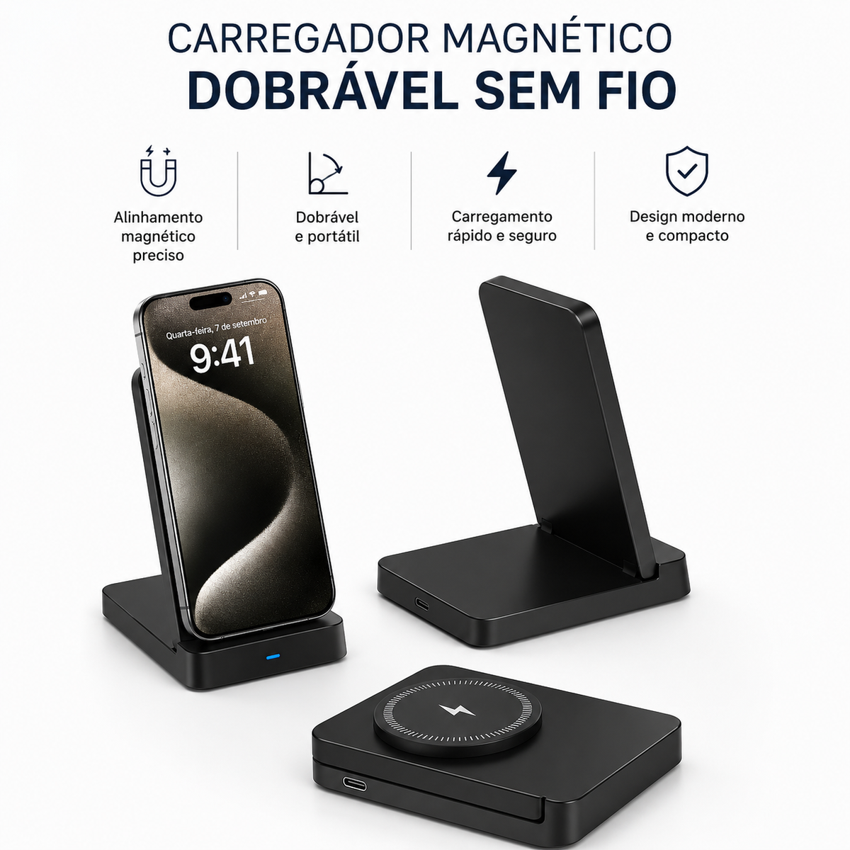 Carregador magnético dobrável sem fio em três posições