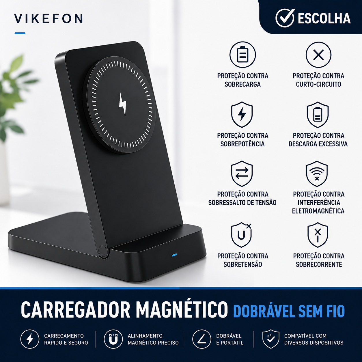 Carregador magnético dobrável sem fio com proteções de segurança