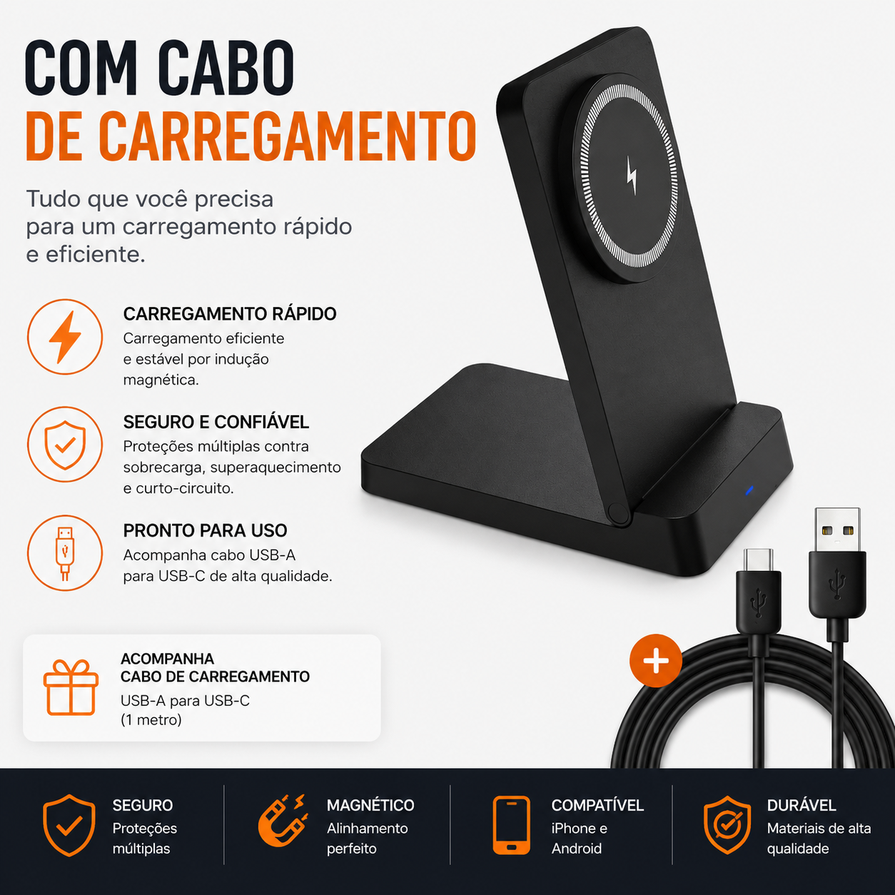 Carregador magnético preto com cabo de carregamento
