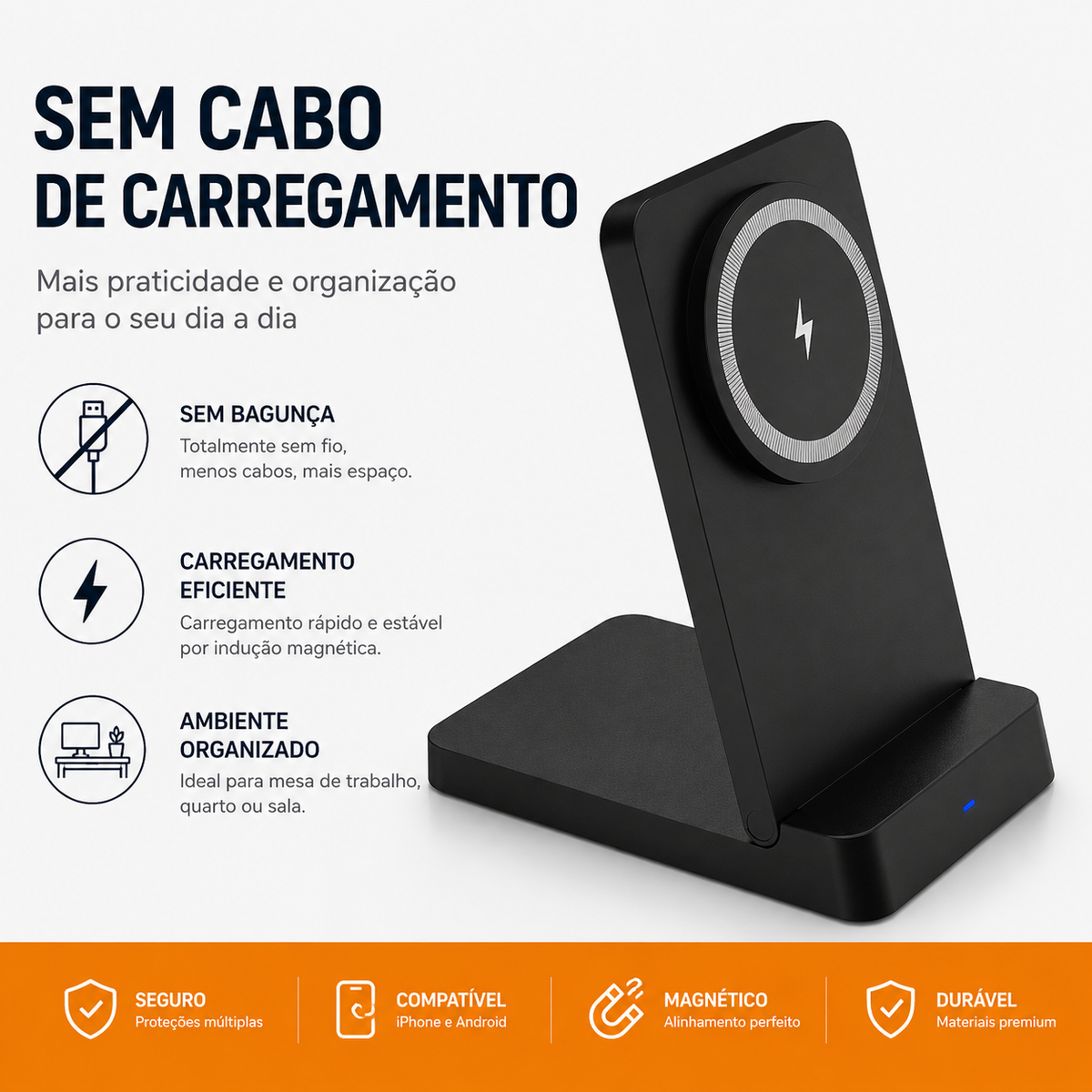 Carregador magnético preto sem cabo de carregamento
